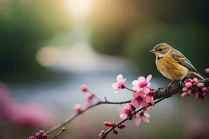 a bird sits on a branch of a cherry blossom tree. AI-Generated photo