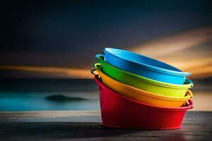 colorful buckets on a wooden table with ocean in the background. AI-Generated photo