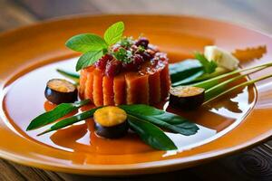 un plato con un vegetal plato en él. generado por ai foto