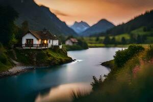 un pequeño casa se sienta en el lado de un río. generado por ai foto