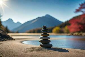 a stack of rocks on the beach near a river. AI-Generated photo