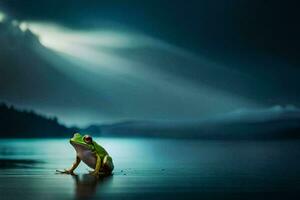 a frog sitting on the edge of a lake in the dark. AI-Generated photo