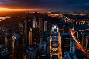 el ciudad horizonte a puesta de sol. generado por ai foto