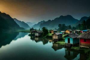 photo wallpaper the sky, mountains, water, houses, the mountains, the water, the mountains. AI-Generated