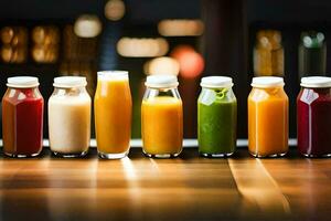 a row of different colored juices in bottles. AI-Generated photo