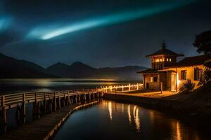 a pier with a light shining over the water and mountains. AI-Generated photo