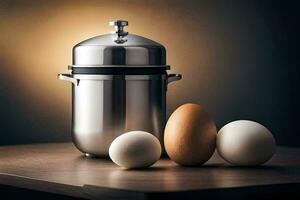 an egg, a pot and a pan on a table. AI-Generated photo