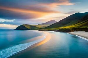 un hermosa playa y montañas a puesta de sol. generado por ai foto