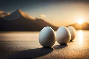 three eggs are standing in front of a mountain. AI-Generated photo