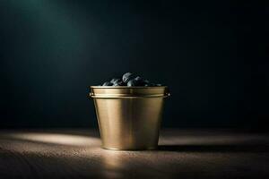 a bucket of blackberries on a wooden table. AI-Generated photo