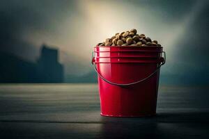 a red bucket filled with nuts on a table. AI-Generated photo