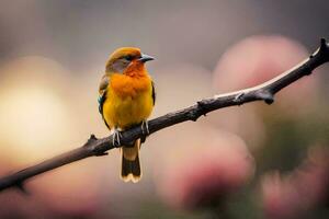 a small orange bird sits on a branch. AI-Generated photo