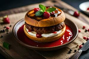 a hamburger with berries and cream on a plate. AI-Generated photo