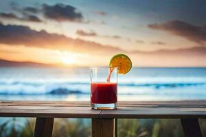 un vaso de rojo jugo en un mesa en frente de el océano. generado por ai foto