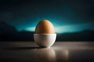 an egg in an egg cup on a table. AI-Generated photo