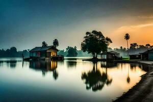 a house on the water with a sunset behind it. AI-Generated photo