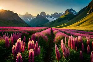 the sun rises over the mountains and the lupine field. AI-Generated photo