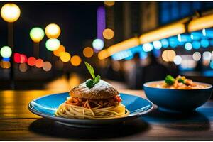 spaghetti and a bowl of soup on a wooden table. AI-Generated photo