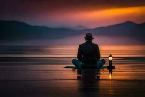 a man sitting on the beach at sunset. AI-Generated photo