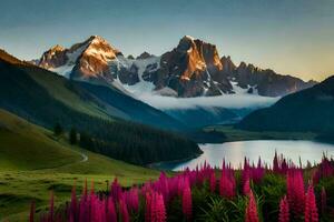 the mountains are covered in purple flowers and the sun is shining on the lake. AI-Generated photo