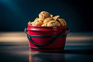 un Cubeta lleno con galletas en un oscuro mesa. generado por ai foto