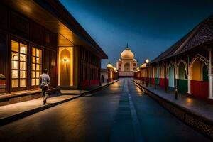 a man walks down a long walkway in front of a building. AI-Generated photo