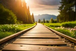a wooden path leads to the sun in the background. AI-Generated photo