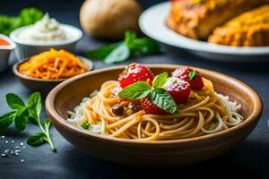 spaghetti with tomato and basil. AI-Generated photo