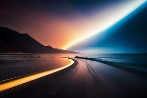a long exposure photograph of a beach at sunset. AI-Generated photo