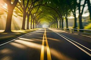 a road with trees and sun rays. AI-Generated photo