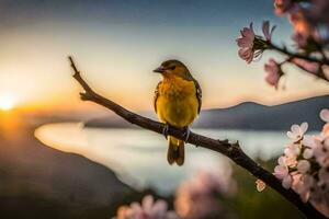 a bird sits on a branch with a beautiful sunset in the background. AI-Generated photo