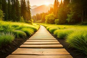 wooden path in the forest at sunset. AI-Generated photo