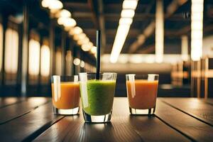 three glasses of juice on a wooden table. AI-Generated photo