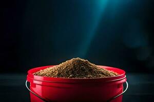 a bucket filled with brown powder on a dark background. AI-Generated photo