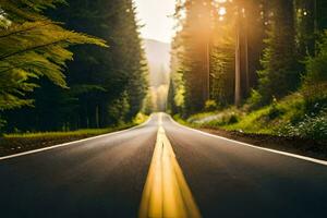 un la carretera en el bosque con arboles y Dom. generado por ai foto