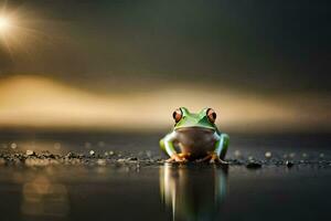 a frog sitting on the ground in the water. AI-Generated photo