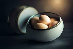 a close up of eggs in a bowl. AI-Generated photo