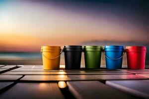 five colorful buckets on a wooden table. AI-Generated photo