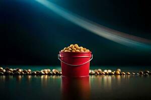 a red bucket filled with peanuts on a table. AI-Generated photo