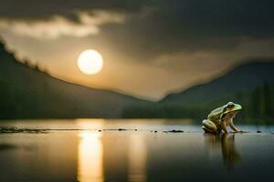 a frog sitting on the edge of a lake at sunset. AI-Generated photo