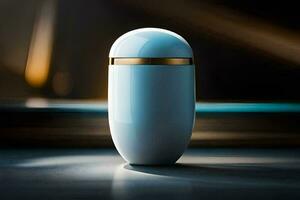 a white and gold vase sitting on a table. AI-Generated photo