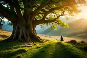 un mujer soportes debajo un grande árbol a puesta de sol. generado por ai foto