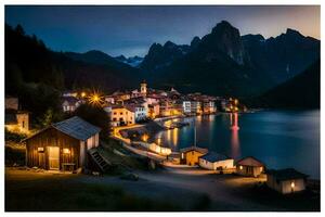 a small village by the water at night. AI-Generated photo