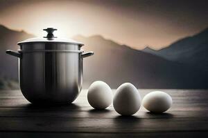 eggs and a pot on a table with mountains in the background. AI-Generated photo