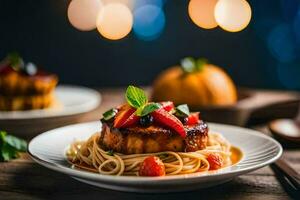 the food is served on a wooden table with a light background. AI-Generated photo