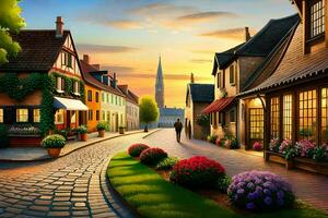 a street scene with flowers and houses at sunset. AI-Generated photo