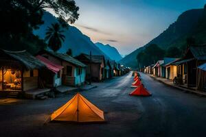 a village street at dusk with tents and a mountain in the background. AI-Generated photo