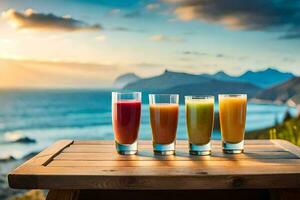 three glasses of juice on a table with the ocean in the background. AI-Generated photo