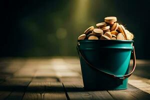 a bucket filled with wooden coins on a wooden table. AI-Generated photo