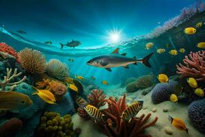 a fish swims in the ocean with coral reefs and fish. AI-Generated photo